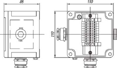 Рис.1. Габаритные и присоединительные размеры взрывозащищенной коробки ГТГ-ВК2-Т05