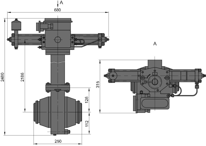 Рис.1. Габаритные и присоединительные размеры крана шарового DN 80 PN 100 с пневматическим приводом для подземной установки