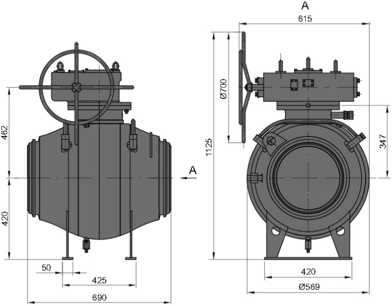 Рис.1. Габаритные и присоединительные размеры крана шарового DN 300 PN 100 с ручным приводом