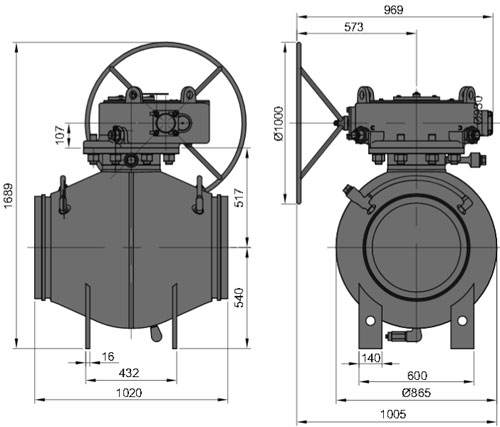 Рис.1. Габаритные и присоединительные размеры крана шарового DN 500 PN 100 с ручным приводом