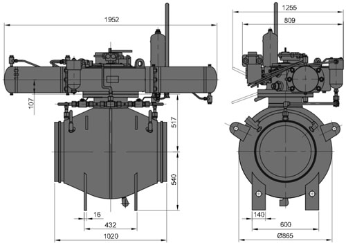 Рис.1. Габаритные и присоединительные размеры крана шарового DN 500 PN 100 с пневмогидравлическим приводом