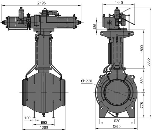 Рис.1. Габаритные и присоединительные размеры крана шарового DN 700 PN 100 с пневмогидравлическим приводом для подземной становки