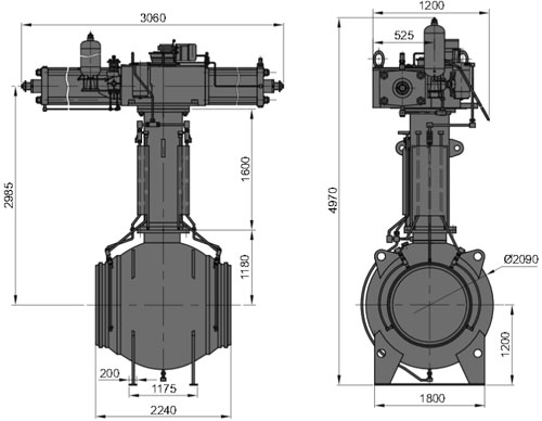 Рис.1. Габаритные и присоединительные размеры крана шарового DN 1200 PN 100 с пневмогидравлическим приводом для подземной становки